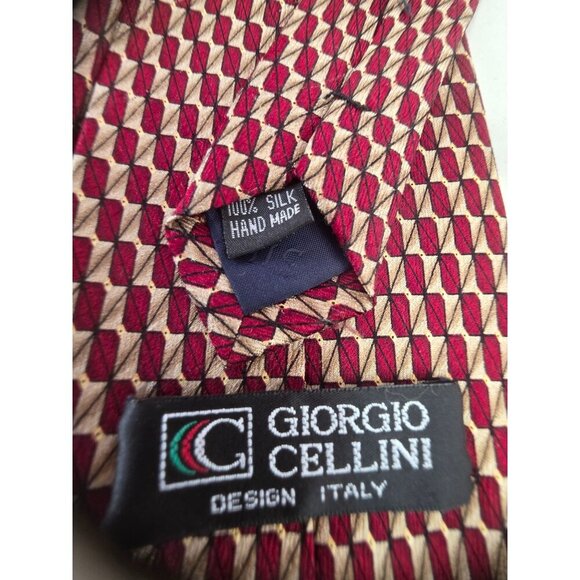 Giorgio Cellini 90s Red Gold Geometric Silk Tie 4"W Handmade Italian Design - Picture 6 of 6
